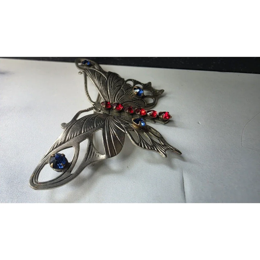 Rhinestone Silver Tone Metal Butterfly Brooch Vintage Costume Jewelry